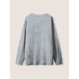 Plus Size, Women's Oversized Elegant Sweater - Winter Warm Round Neck Long Sleeve Cable- Texture Sweater for Fall & Winter, Cozy Casual to Formal Outfits, Plus Size Available (Hand Washable) - Versatile Everyday & Special Occasion Sweater