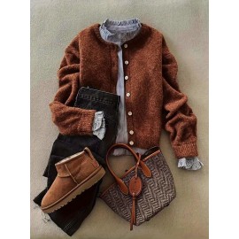 [Fall Winter Apparel] Plus Size Women's Elegant Cardigan | Chic Solid Color Open Front Button-Up Sweater with Ribbed Cuffs, Long Sleeves, and Button Details for Fall/Winter Casual or Office Wear, Versatile Layering Piece