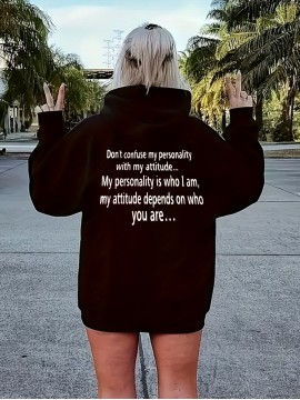 Monogram Print Polyester Hoodie, Casual Zip Sweatshirt with Pockets, Alphabet Pattern, Knit Fabric, Comfortable Fit, Fall/Winter Young Style Hooded Jacket, 250g/m² Fabric Weight