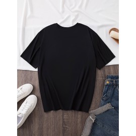 Women's Black Cherry Print Short Sleeve T-Shirt - Geometric Pattern with Pink Cherries & Green Leaves, 180gsm Polyester, Round Neck, All-Season Casual Top, Machine Washable, Cherry Tshirt, Playful Design, Texture