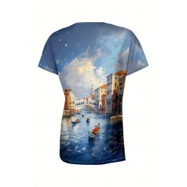 Women's Venice Gondola & Rialto Bridge Print Short Sleeve T-Shirt - Vibrant Venetian Canal Scene, Breathable Round Neck Casual Top for Spring/Summer, Machine Washable, Summer Clothing, Artistic Scene Tee, Nontransparent Fabric