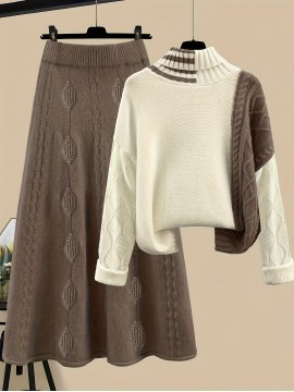 Plus Size, Women's Two-Piece Set, Fashionable and Elegant Long Sleeve Pullover with Skirt in Color Block Design for Autumn/ Winter